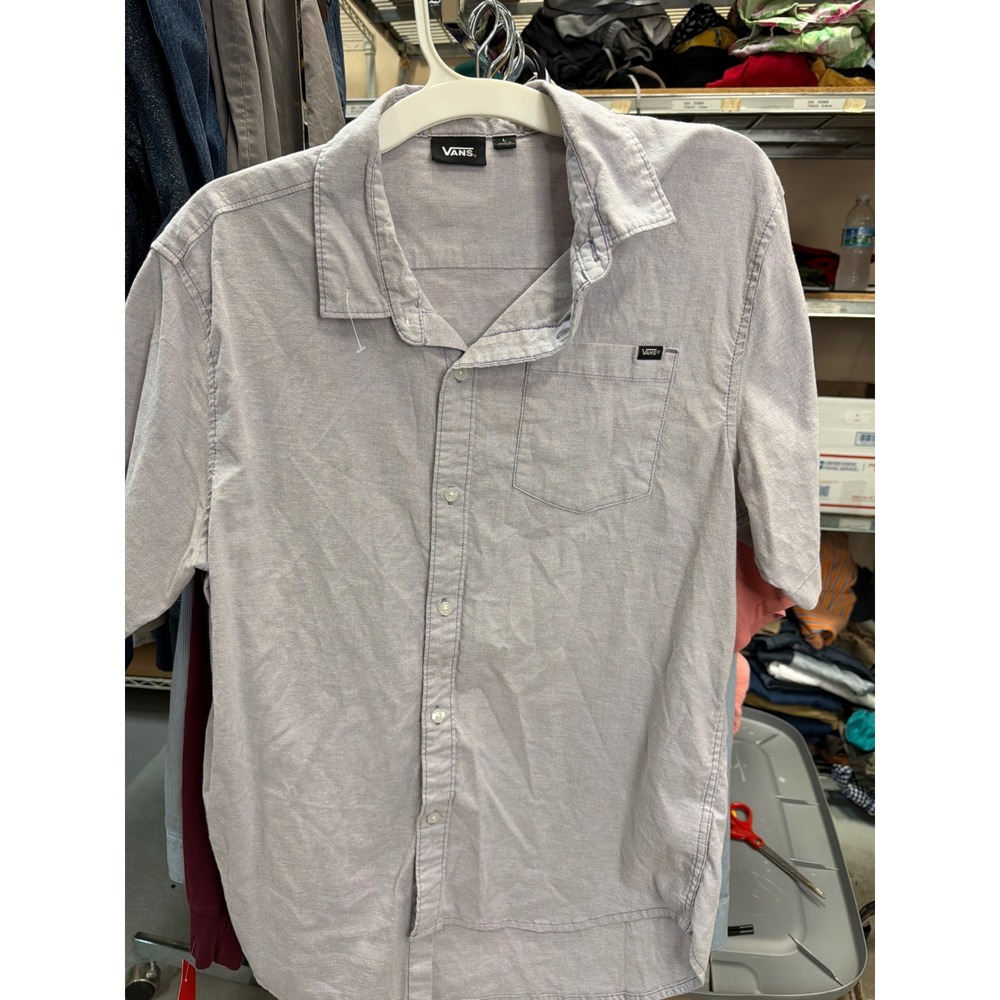 Vans Mens Short Sleeve Button Down Shirt Lavender Purple Chambray Large